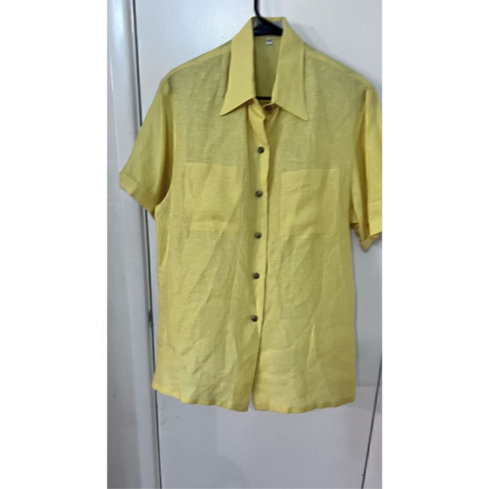 TOP DRAWER FLORIDA SHORT SLEEVE YELLOW BUTTON DOWN LINEN TOP WOMEN'S SZ M
